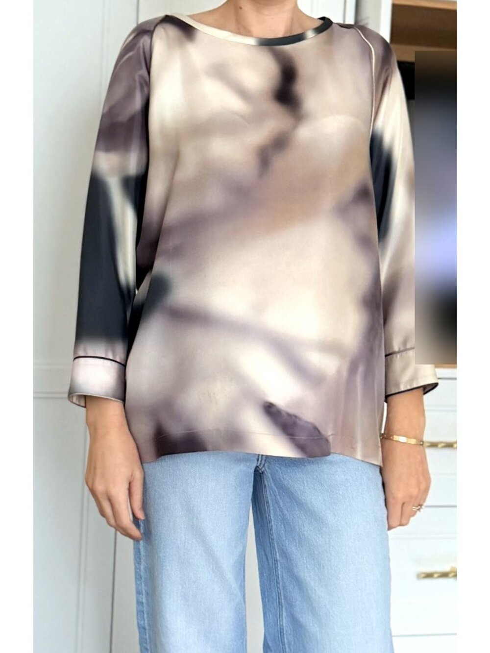 Max Mara Watercolor Floral Print Satin Raglan 3/4 Sleeve Top Piped Size 4